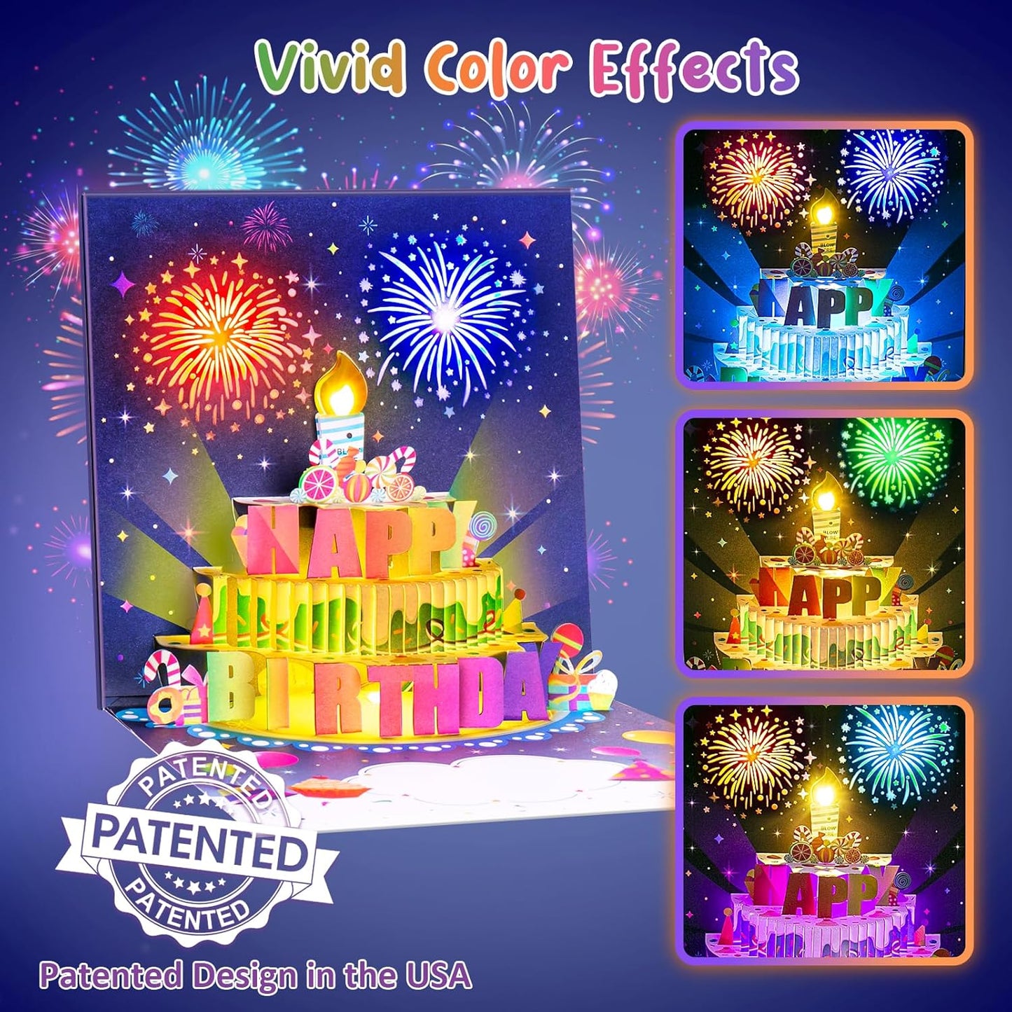 Blowable Birthday Cards 3D Pop Up Fireworks Cake Light and Music Happy Birthday Card Gifts