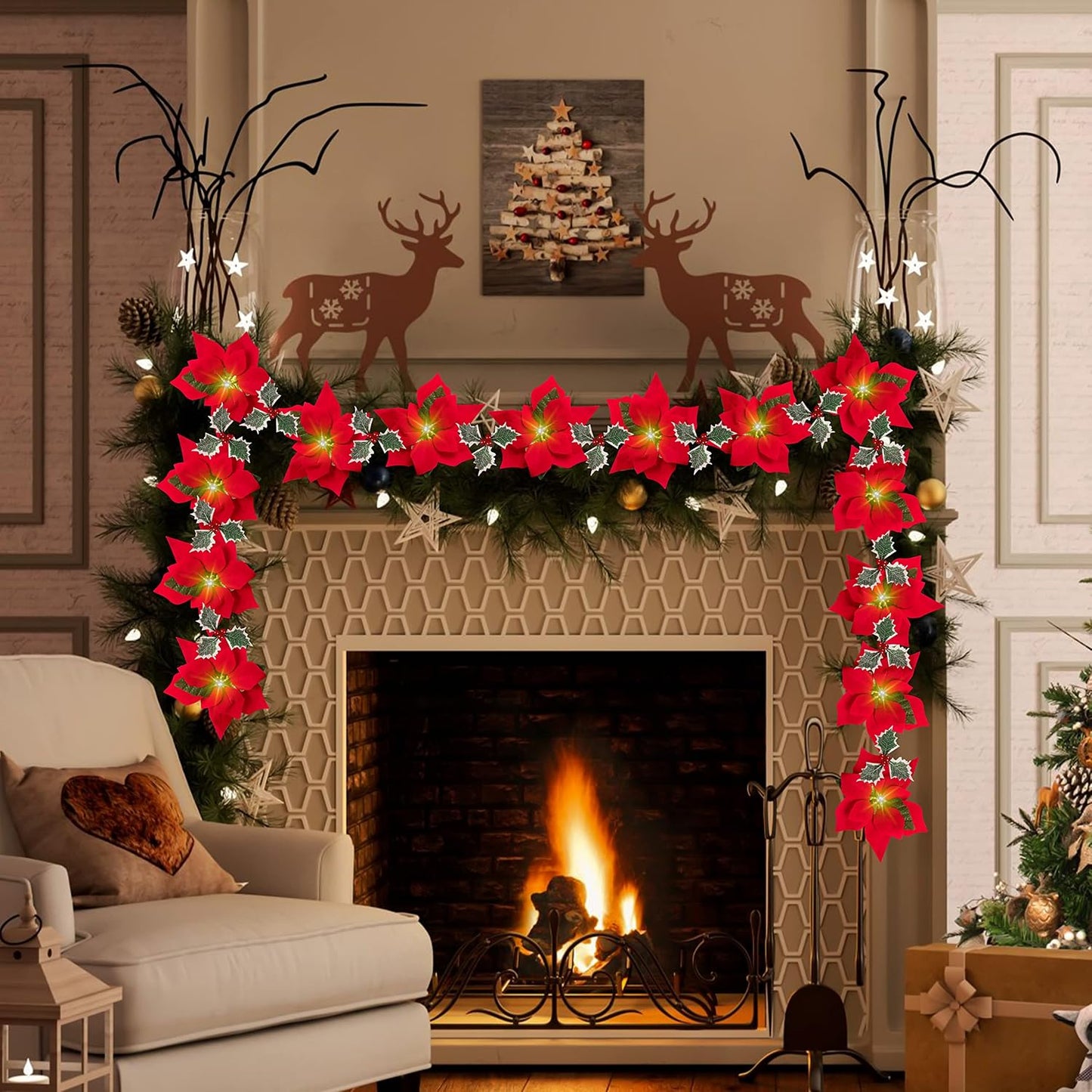 9.4 FT Lighted Artificial Garlands with Red Flowers and Berries