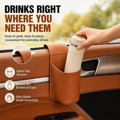 Leather Car Door Cup Holder Clip on Extra Large Drink Organizer