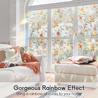 Sunroof Stained Glass Window Film, Decorative Rainbow Wildflower Static Window Clings