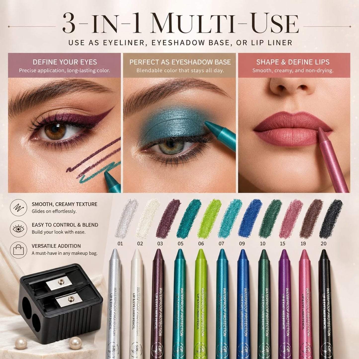 MooGlamor 12 Color Gel Eyeliner Pencils Waterproof Long Wear With Sharpener