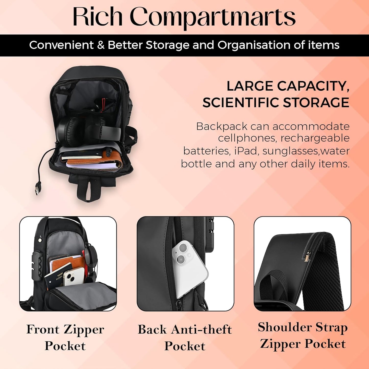 Water-Resistant Anti-Theft Sling Bag with USB Port