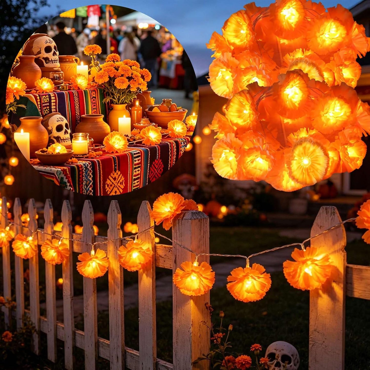 40 LED Artificial Marigold Flowers Lights for Day of The Dead