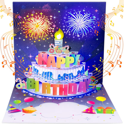 Blowable Birthday Cards 3D Pop Up Fireworks Cake Light and Music Happy Birthday Card Gifts