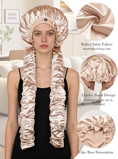 Heatless Curl Satin Bonnet for Sleeping, No Slip Sleep Bonnet with Long Curling Ribbons