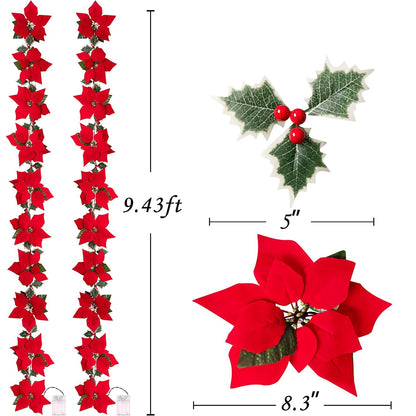 9.4 FT Lighted Artificial Garlands with Red Flowers and Berries