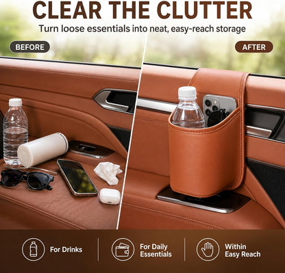 Leather Car Door Cup Holder Clip on Extra Large Drink Organizer