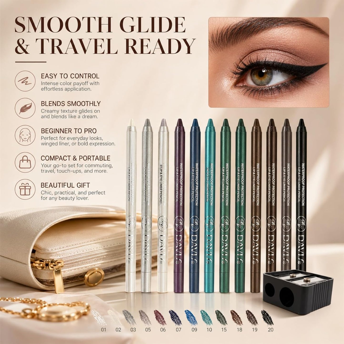 MooGlamor 12 Color Gel Eyeliner Pencils Waterproof Long Wear With Sharpener