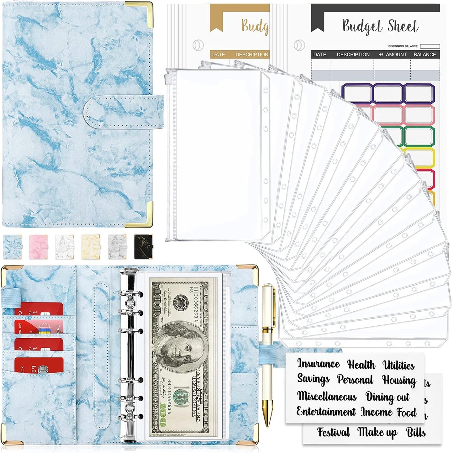 Budget Binder, Cash Envelopes for Budgeting, Money Organizer for Cash, 28Pcs Budget Binder with Cash Envelopes, Marble 6-Ring Money Saving Binder