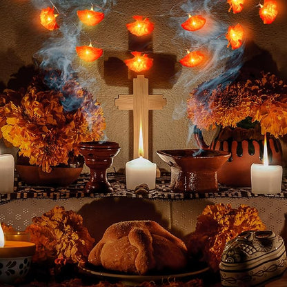 Artificial Marigold Flowers Orange Fairy Curtain Lights Battery Operated for Diwali Day of The Dead Pooja Party Decoration