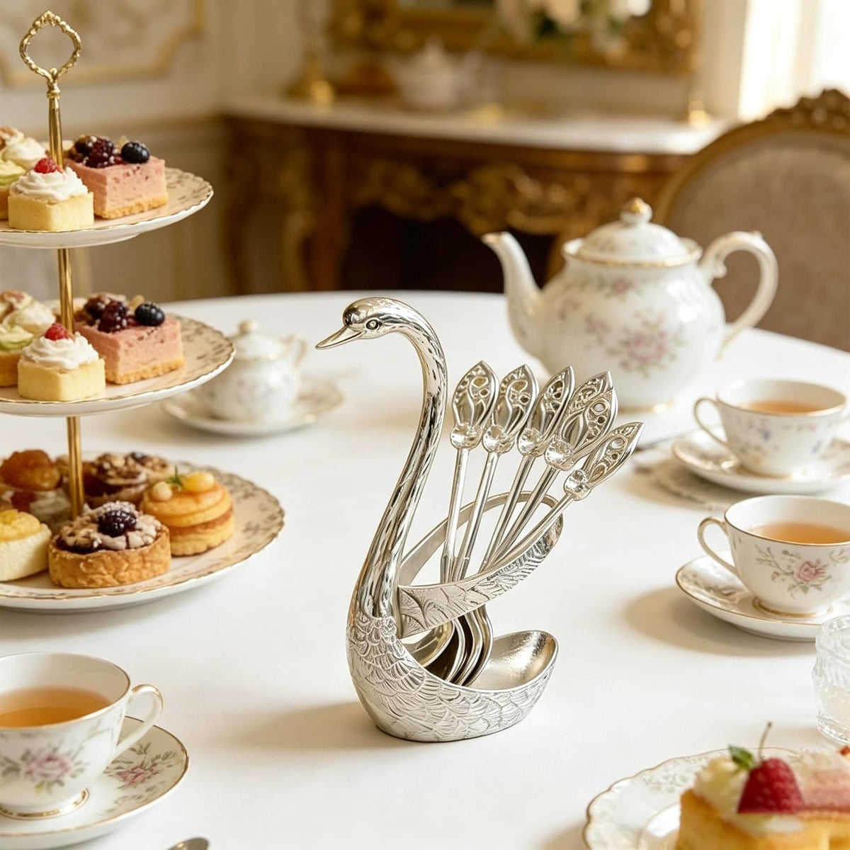 Luxury 6PCS Swan Coffee Spoon Set with Holder, Decorative Swan Stand Coffee Bar Accessories