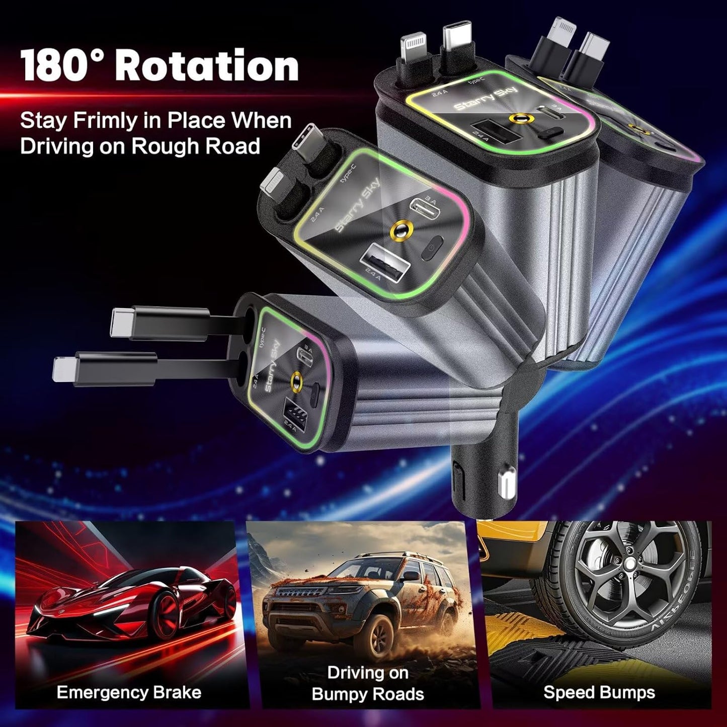 4 in 1 Retractable Car 120W Charger with Starlight