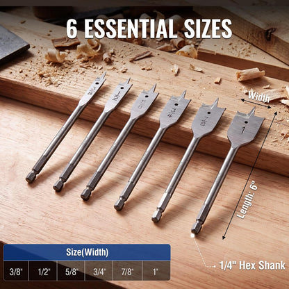 6-Piece Spade Carbon Steel Paddle Bits for Woodworking, 1/4" Hex Shank, 3/8" to 1"
