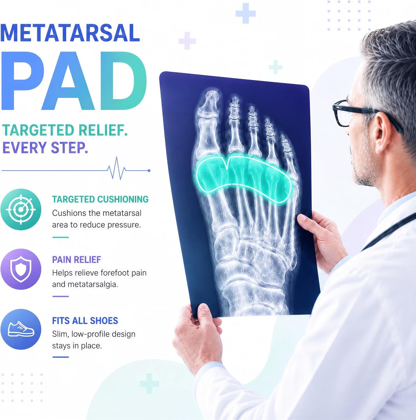 2 Pairs Unisex Metatarsal Pads Breathable Fabric & Gel with Thickened Design for Shock Absorption & Friction Reduction