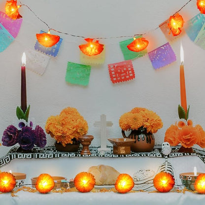 Artificial Marigold Flowers Orange Fairy Curtain Lights Battery Operated for Diwali Day of The Dead Pooja Party Decoration