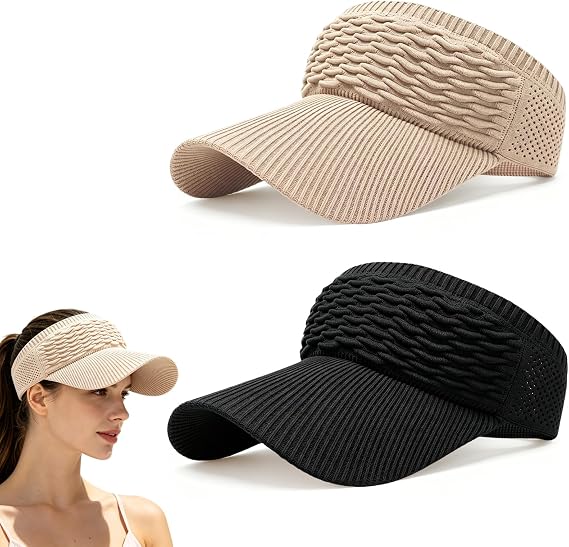 2-Pack Women’s Open-Top Breathable UV-Protection High-Ponytail Sun Visor Hats