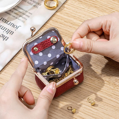 Mini Jewelry Box - Portable Vintage-Inspired Genuine Leather Coin Purse Jewelry Case with Kiss Lock