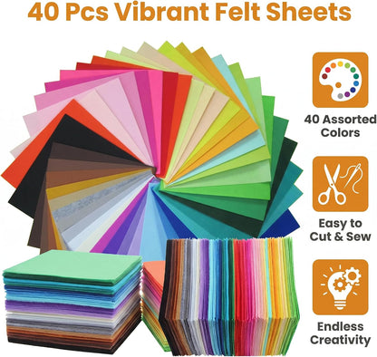 40 Pcs 6x6 Inch Colorful Craft Felt Sheets for DIY Projects, Sewing Art Supplies