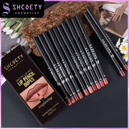12-piece Nude Lip Line Set, Natural, Smooth Matte Lipstick Pencil
