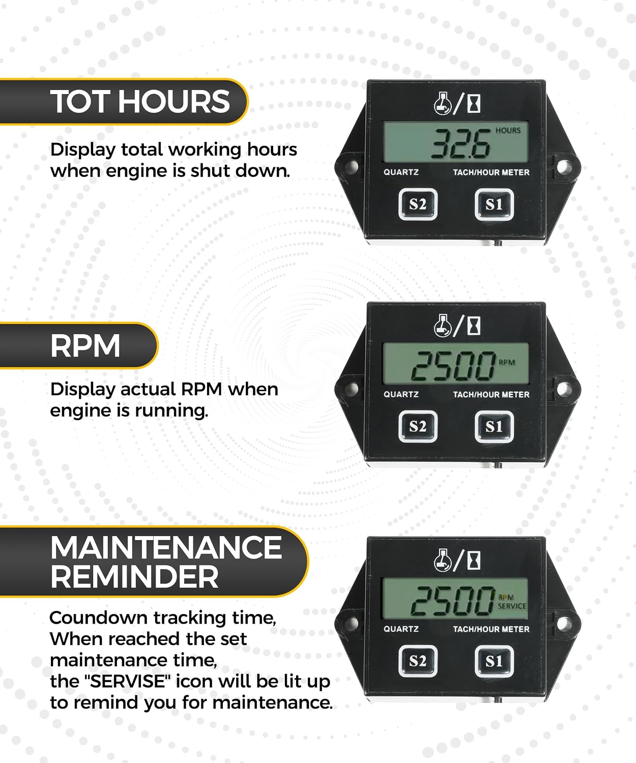 Digital Hour Meter & Tachometer Maintenance Reminder for Motorcycles, Gasoline-powered Lawnmowers, Tractors, Generators
