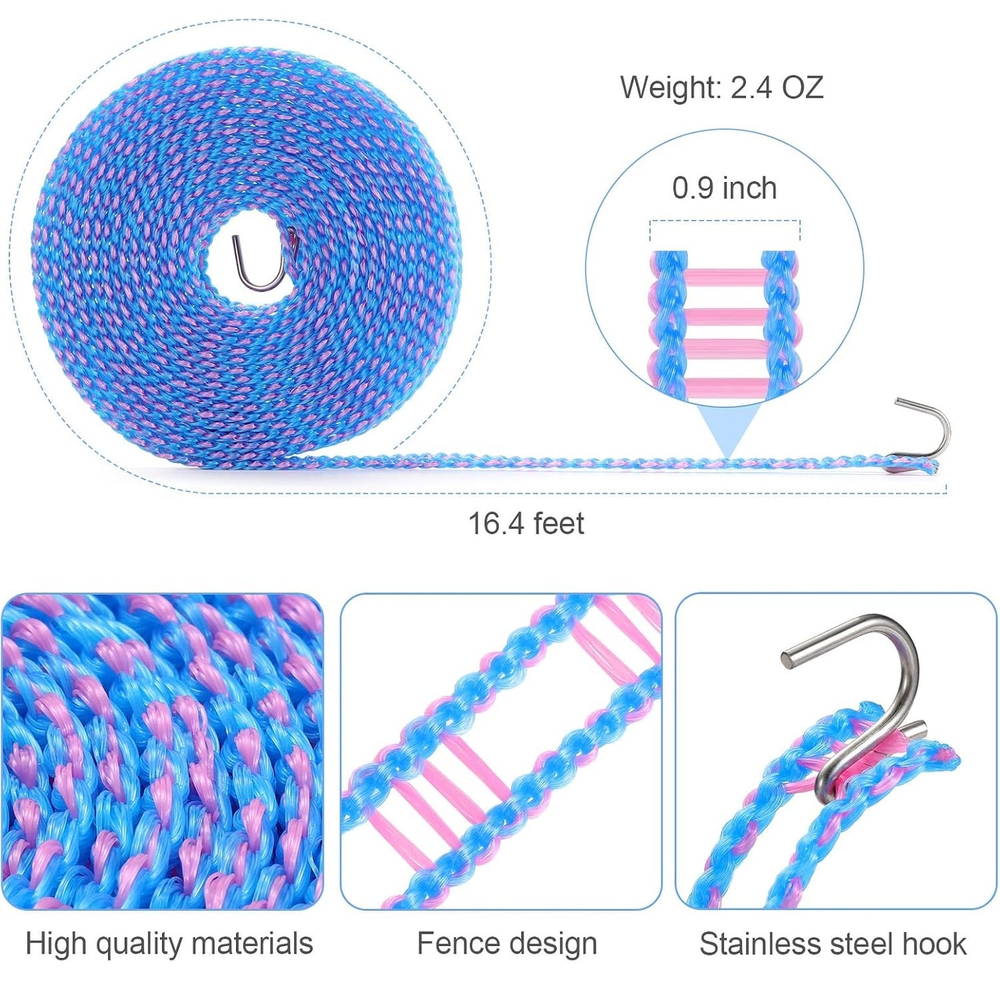 3-Pack Windproof Clothesline with Hooks – Super Strong and Durable