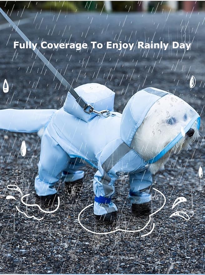 Full Coverage 4 Legs Dog Rain Coat with Hood,Reflective Strips&Leash Hole