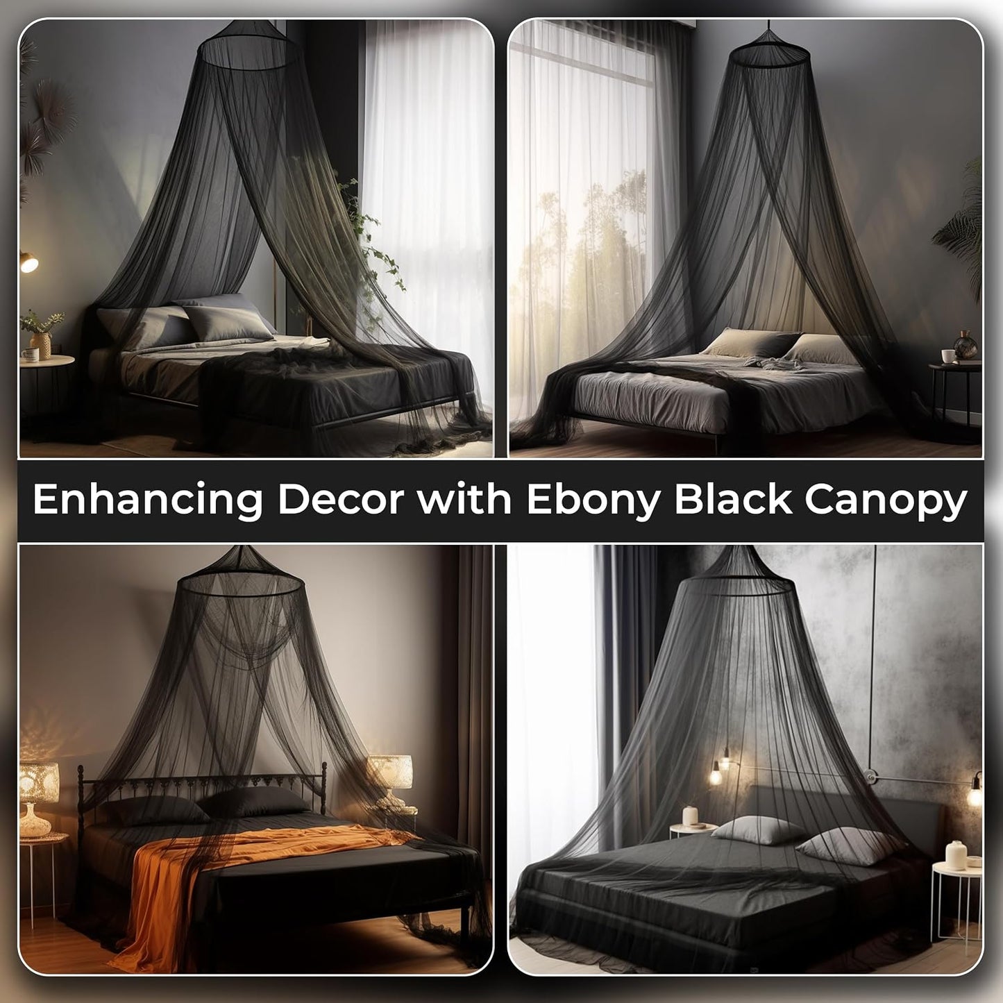 Black Canopy Bed Curtains for Bed, Netting Room Decor for all Size Bed , Fire Retardant Fabric