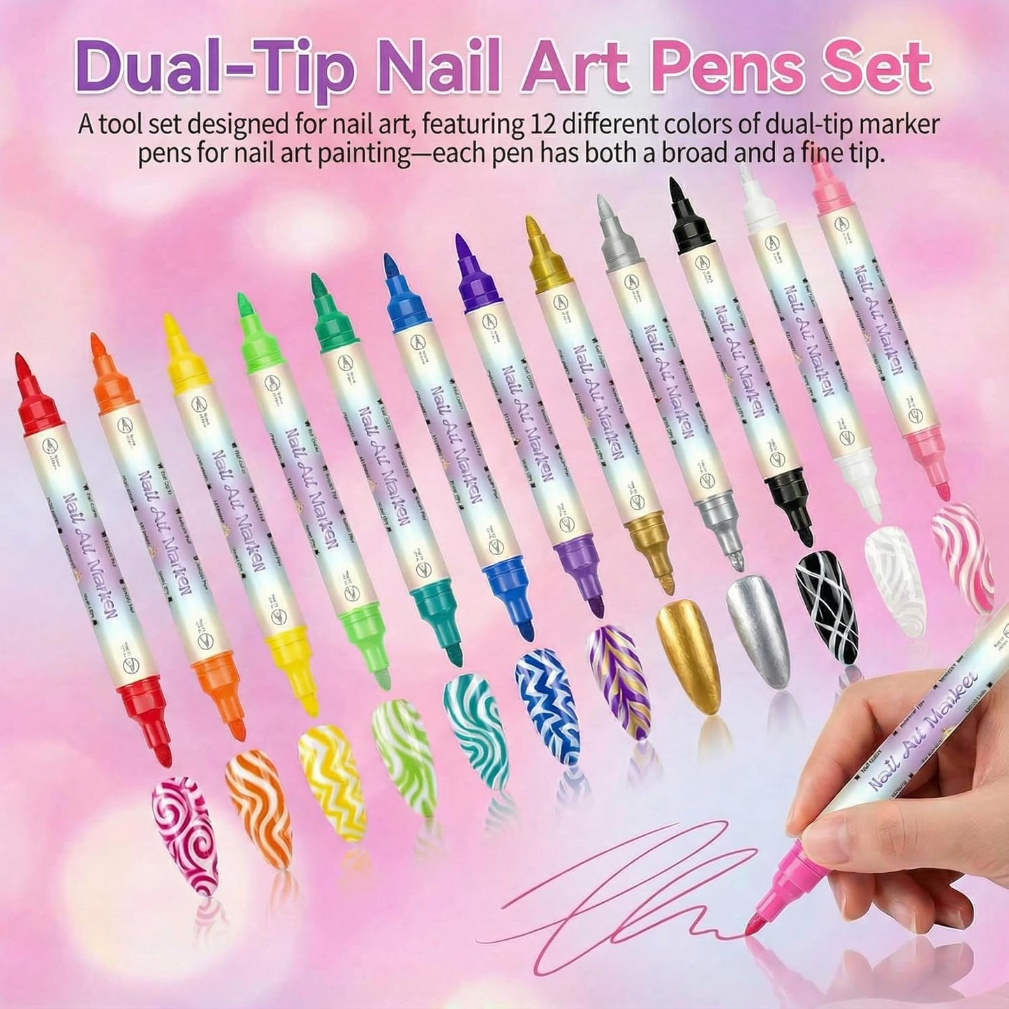 12 Colors Double-Ended 3D Nail Art Markers Set