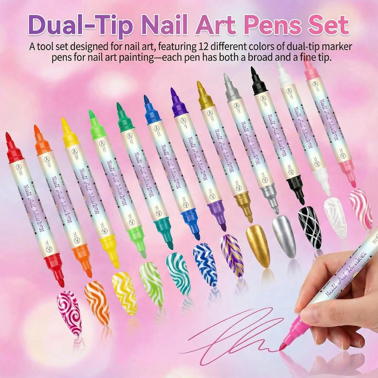 12 Colors Double-Ended Nail Art Markers Set