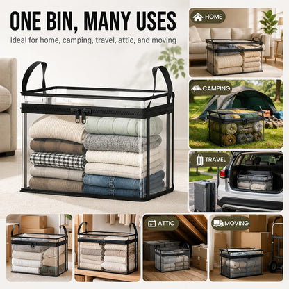 2 Pack Large Clear Thick Plastic Storage Box with Hinged Lid. for Clothes, Blankets and Books