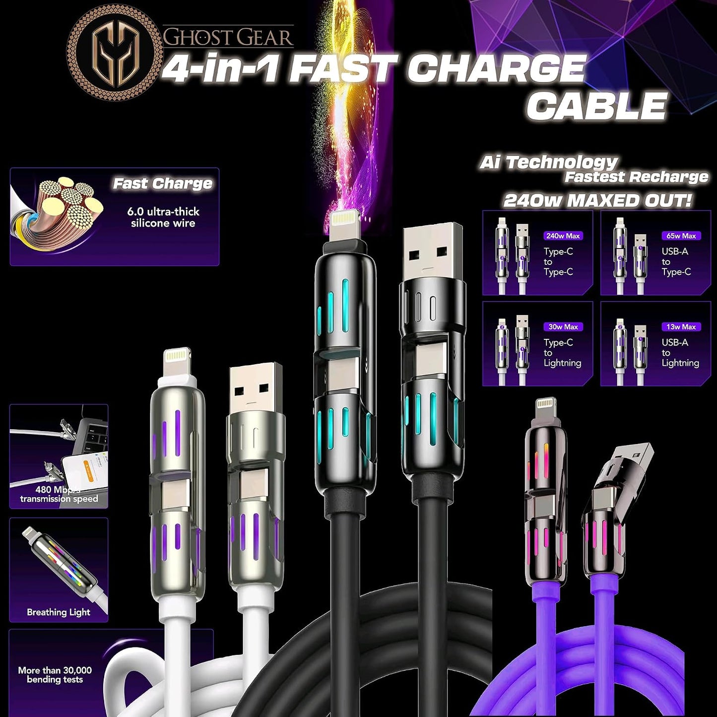 240W 4 in 1 Charging Cable 3.3 FT Chubby with Light