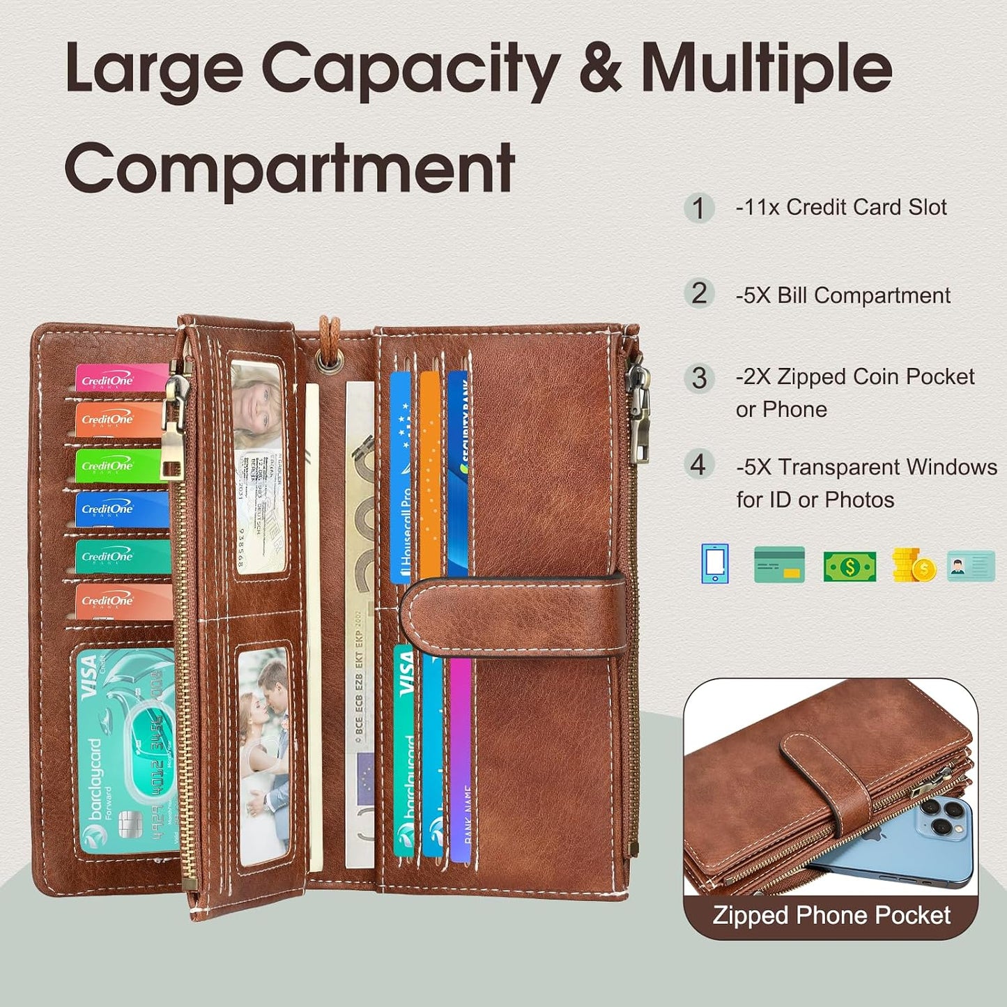 Leather Wallets for Women with RFID Blocking Credit Card Holder Large Capacity