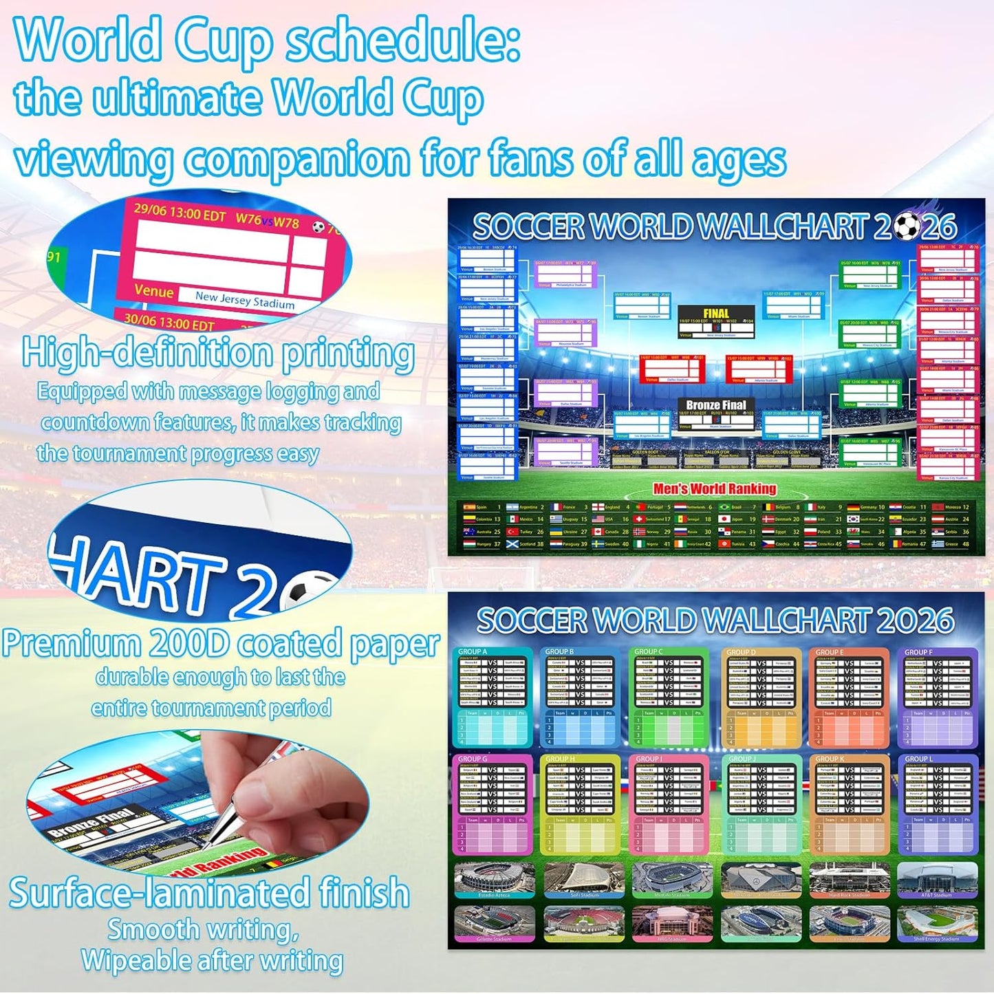 2 PCS World Cup Schedule Poster 2026 Large 24x33 Inch Tournament Wall Chart Set
