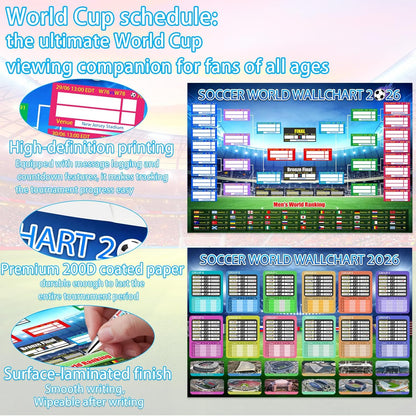 2 PCS World Cup Schedule Poster 2026 Large 24x33 Inch Tournament Wall Chart Set
