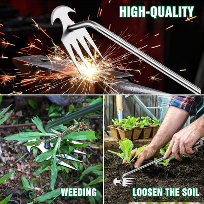 Stainless Steel Handle Manual Weeder Tool, 4- Tooth Weeder Tool for Gardening 16inch