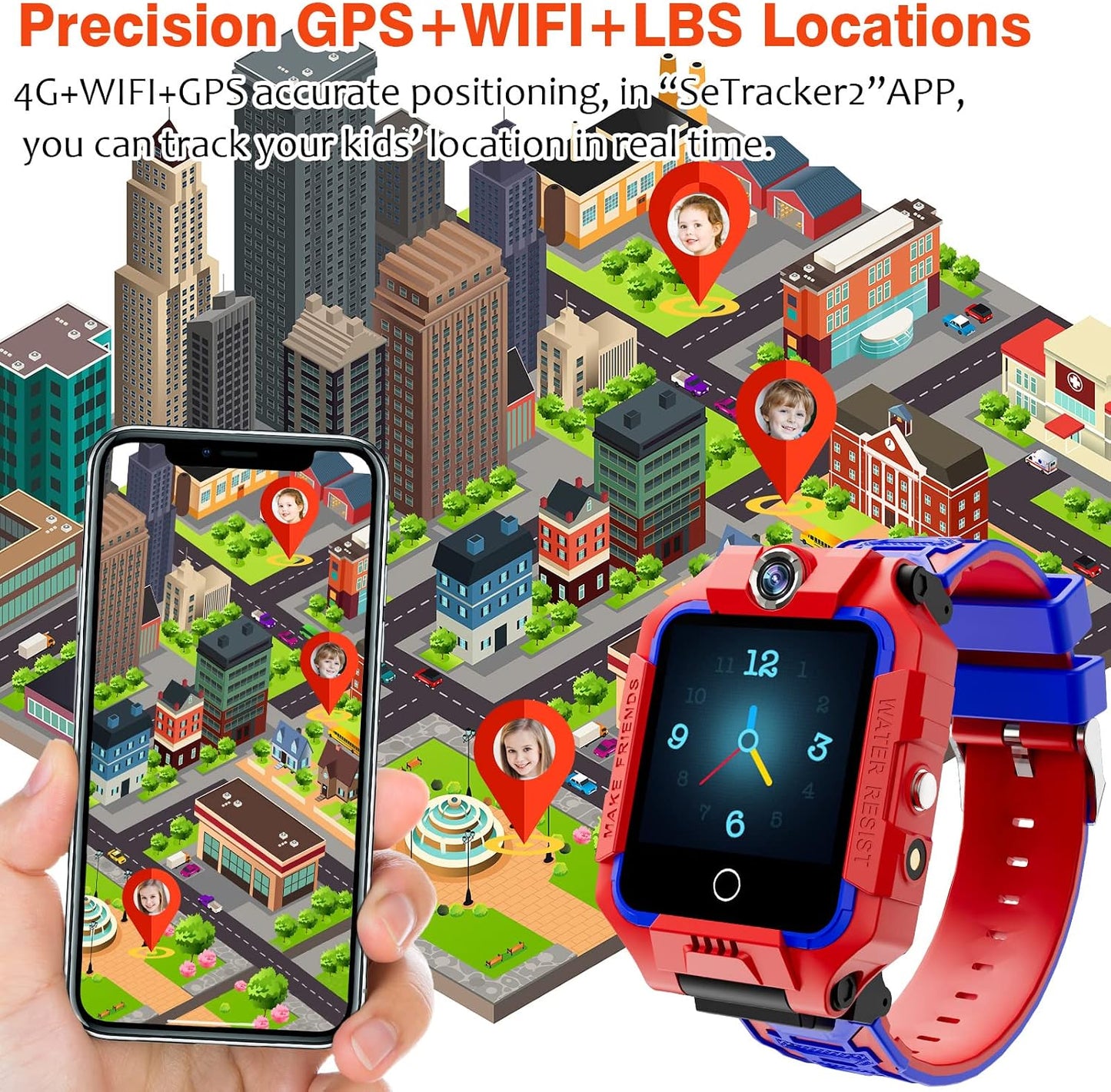 4G Kids Waterproof Smartwatch w GPS Tracker, Phone Watch & Video Chat for Age 3-14 Years