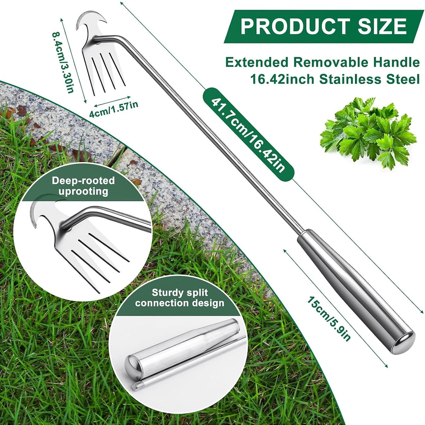 Stainless Steel Handle Manual Weeder Tool, 4- Tooth Weeder Tool for Gardening 16inch