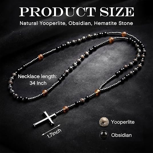 Kigeli Yooperlite Stone Rosary Necklace UV Glowing (Flashing Flame Under UV)