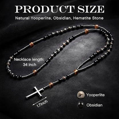 Kigeli Yooperlite Stone Rosary Necklace UV Glowing (Flashing Flame Under UV)