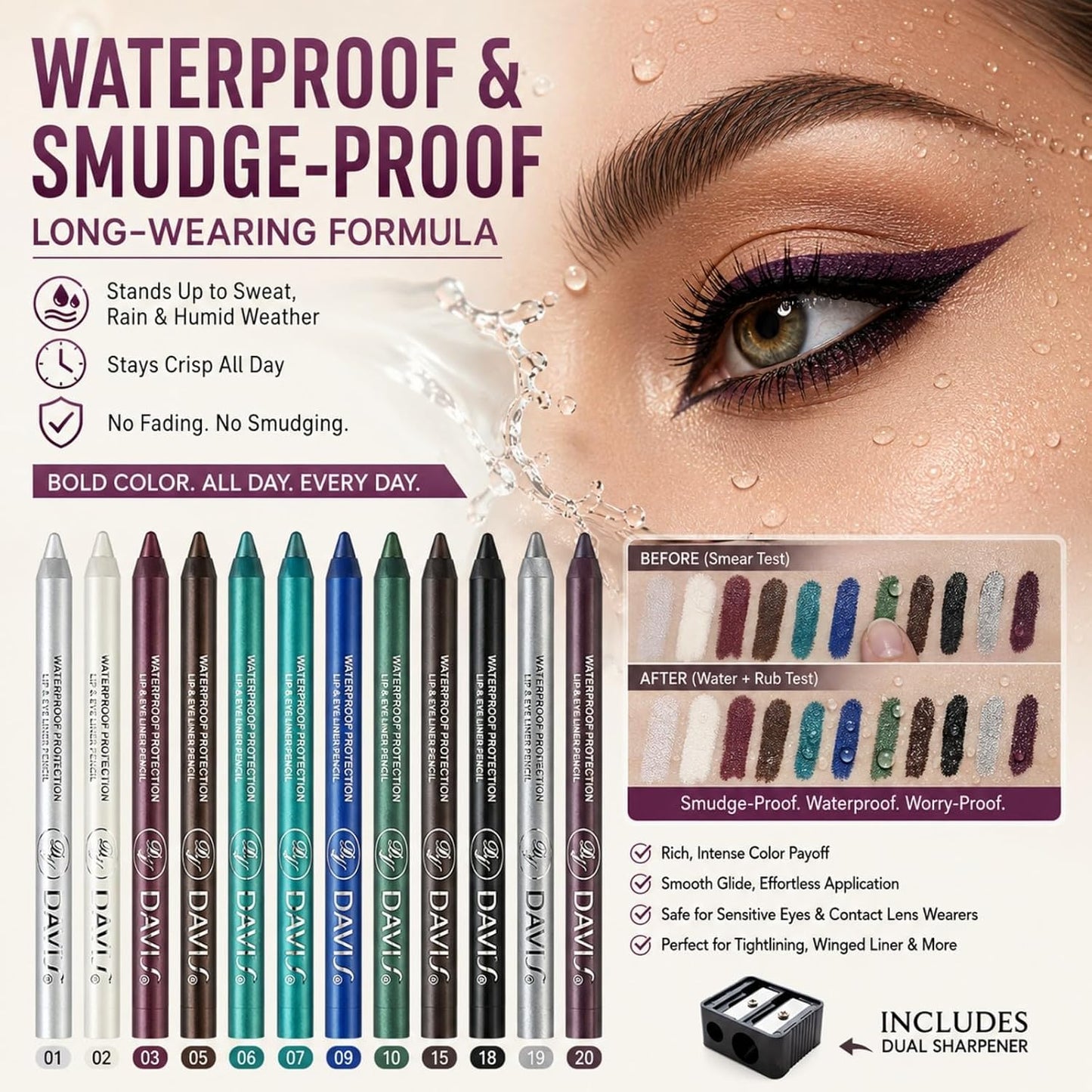 MooGlamor 12 Color Gel Eyeliner Pencils Waterproof Long Wear With Sharpener
