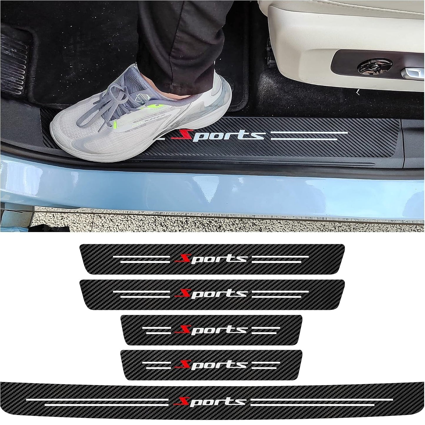 5-Piece "Sports" Pattern Carbon Fiber Door Sill Protection Strip Set