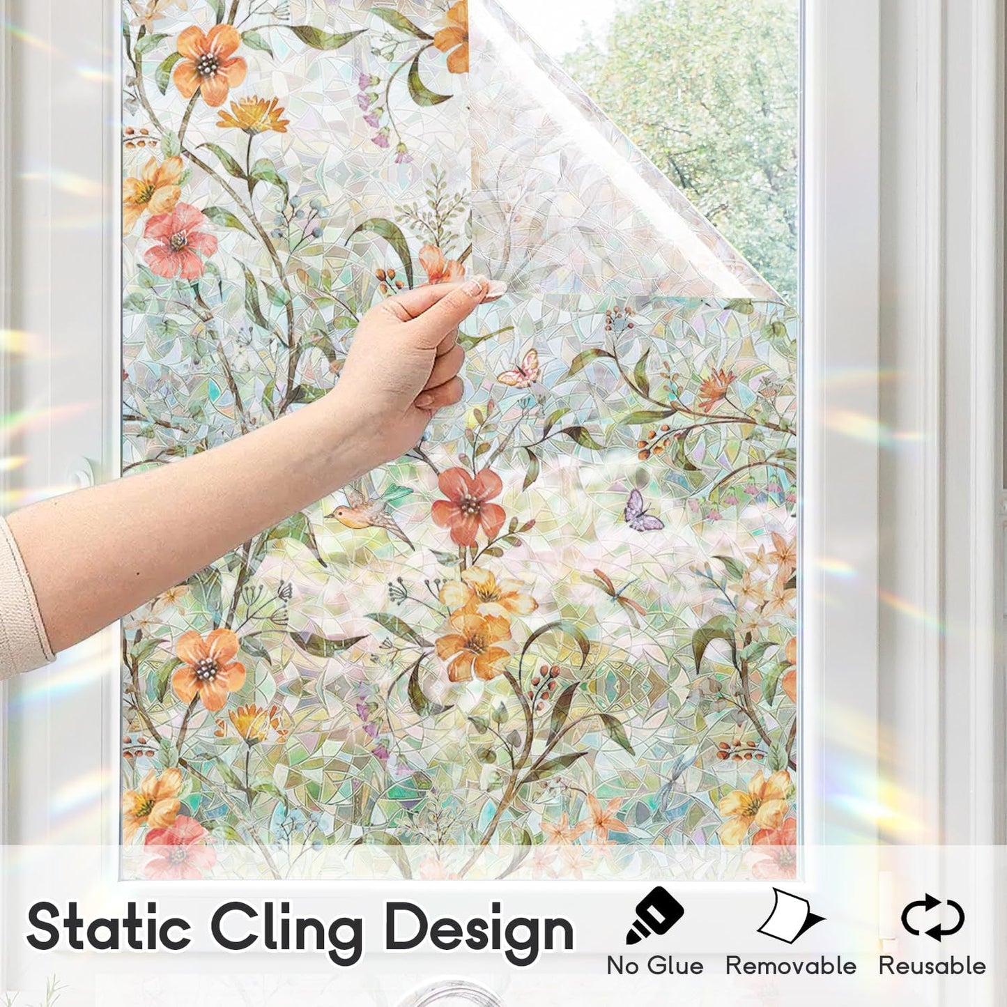 Sunroof Stained Glass Window Film, Decorative Rainbow Wildflower Static Window Clings