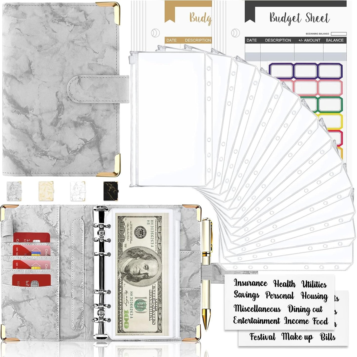 Budget Binder, Cash Envelopes for Budgeting, Money Organizer for Cash, 28Pcs Budget Binder with Cash Envelopes, Marble 6-Ring Money Saving Binder