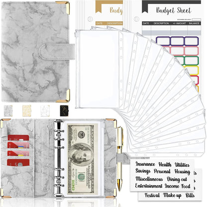 Budget Binder, Cash Envelopes for Budgeting, Money Organizer for Cash, 28Pcs Budget Binder with Cash Envelopes, Marble 6-Ring Money Saving Binder