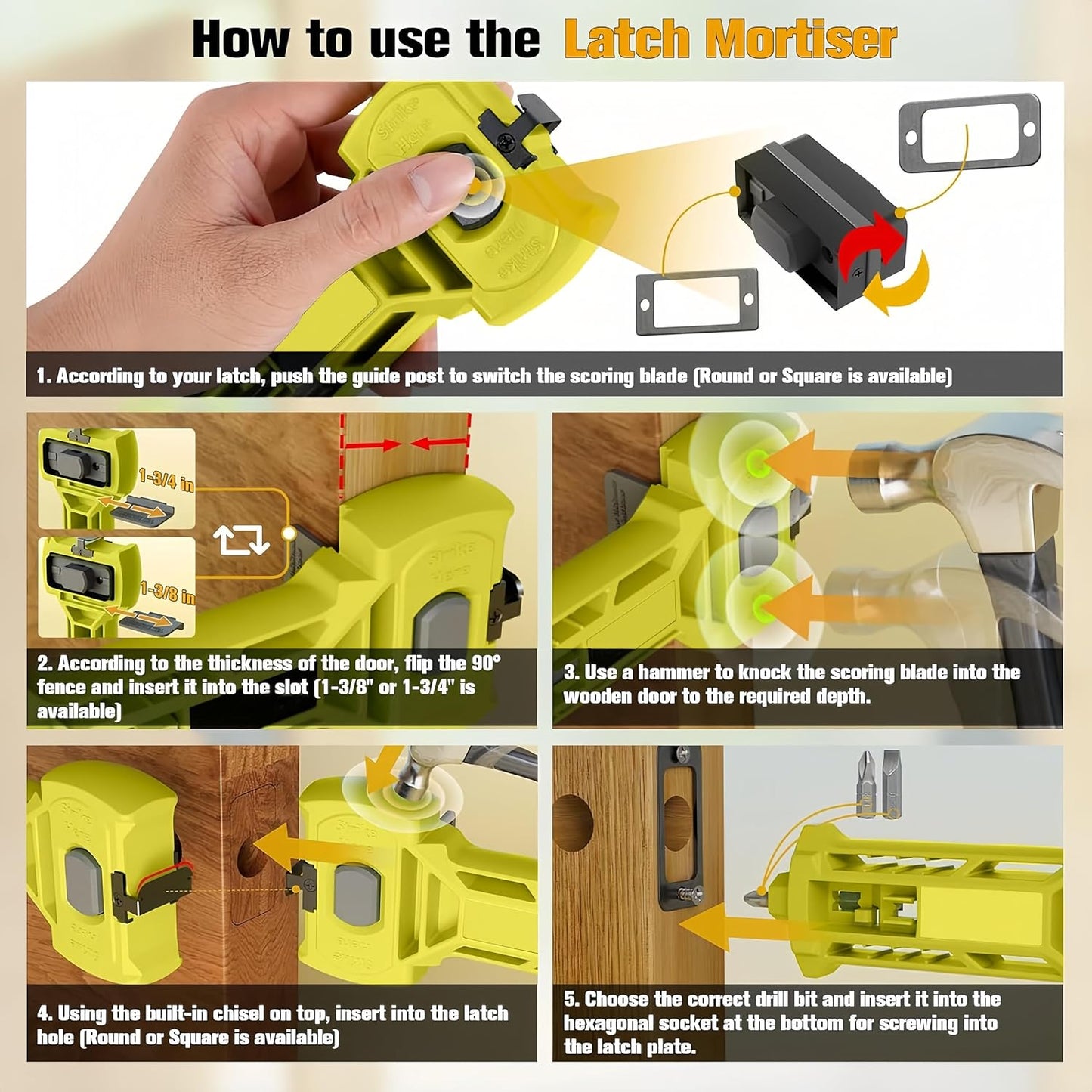 Door Latch Mortise Tool, Professional Precision Scoring and Chiseling Kit for Square and Round Latch Installation