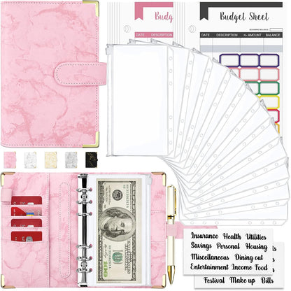 Budget Binder, Cash Envelopes for Budgeting, Money Organizer for Cash, 28Pcs Budget Binder with Cash Envelopes, Marble 6-Ring Money Saving Binder