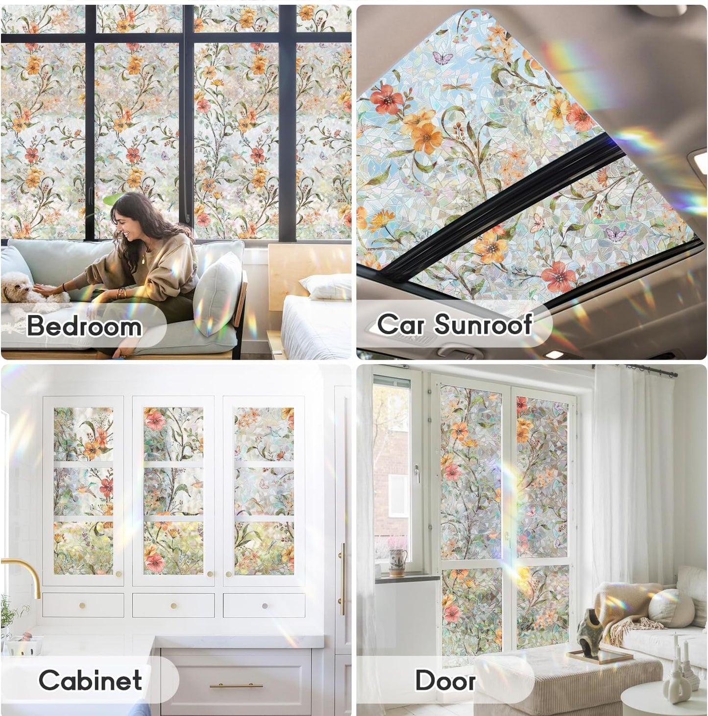 Sunroof Stained Glass Window Film, Decorative Rainbow Wildflower Static Window Clings