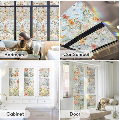 Sunroof Stained Glass Window Film, Decorative Rainbow Wildflower Static Window Clings