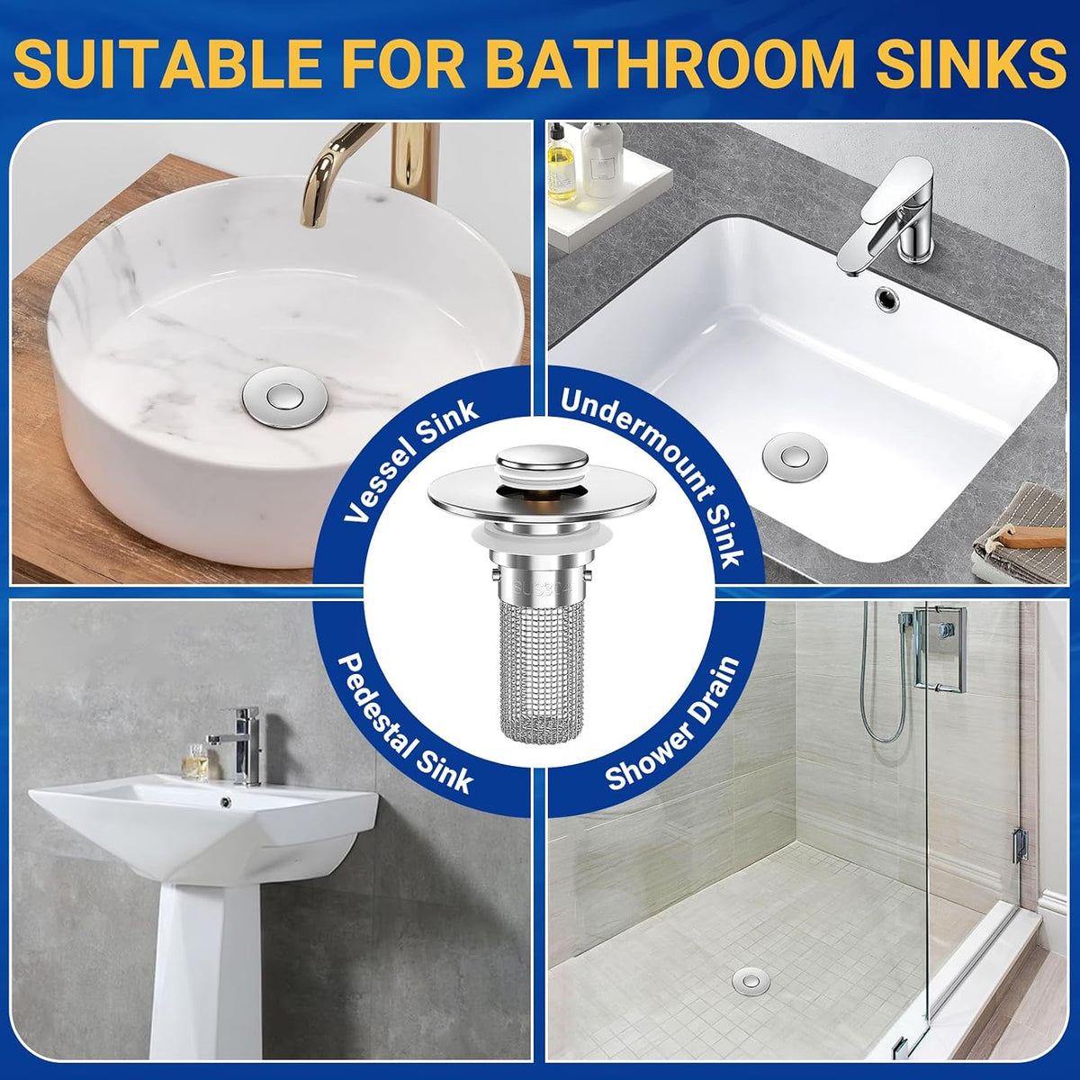 2PCS Pop-Up Bathroom Sink Drain Strainer with Removable Stainless Steel Hair Catcher Basket