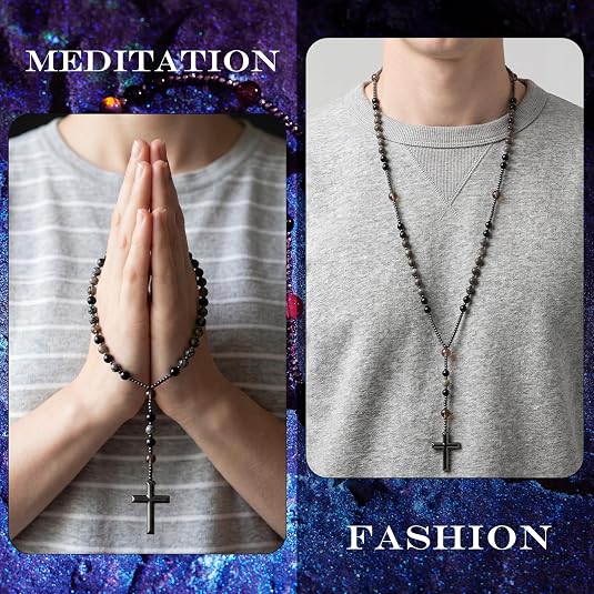 Kigeli Yooperlite Stone Rosary Necklace UV Glowing (Flashing Flame Under UV)